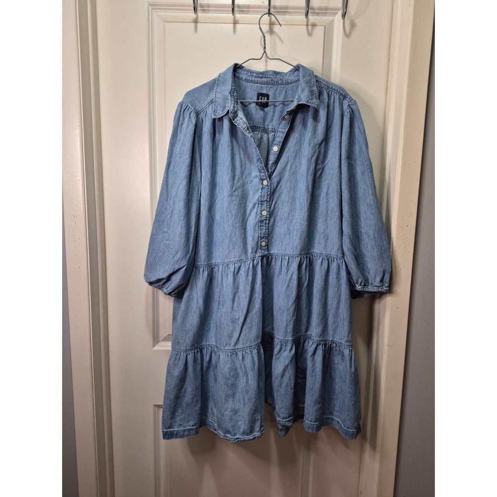 Gap Womens XXL Blue Denim Tiered Mini Dress Long Sleeve Cotton Button Down Light